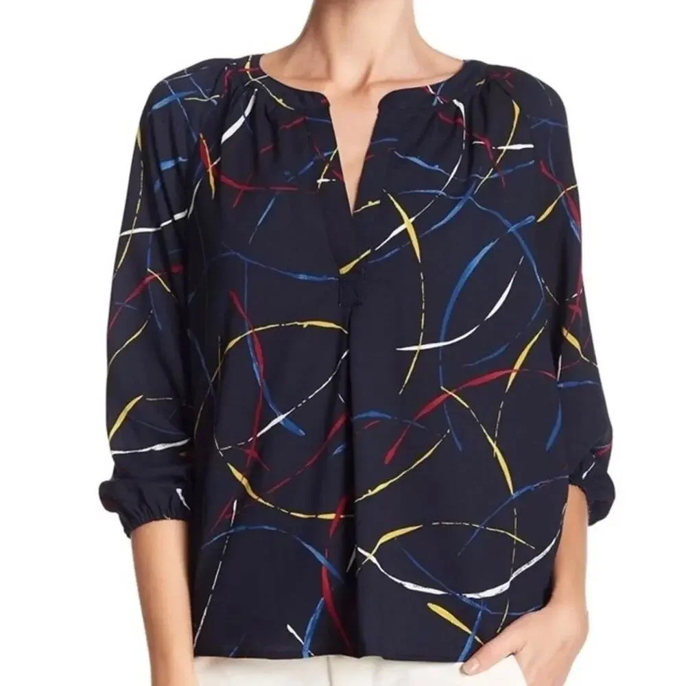 Joie Georgette Blouse Navy Blue Women’s Small Abstract Art Wear Artsy Statement - Picture 1 of 15